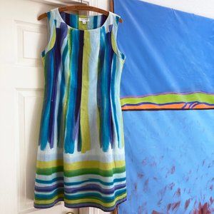 Calvin Klein fit & flare blue / green/ yellow / white beachey watercolor dress